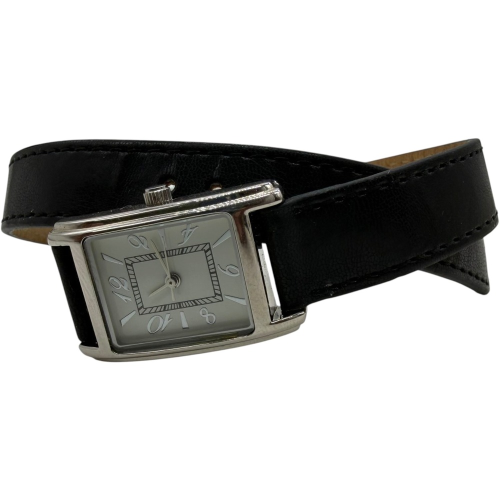 Double‎ Wrap Strap Watch Silver Tone Rectangle Case Black Band